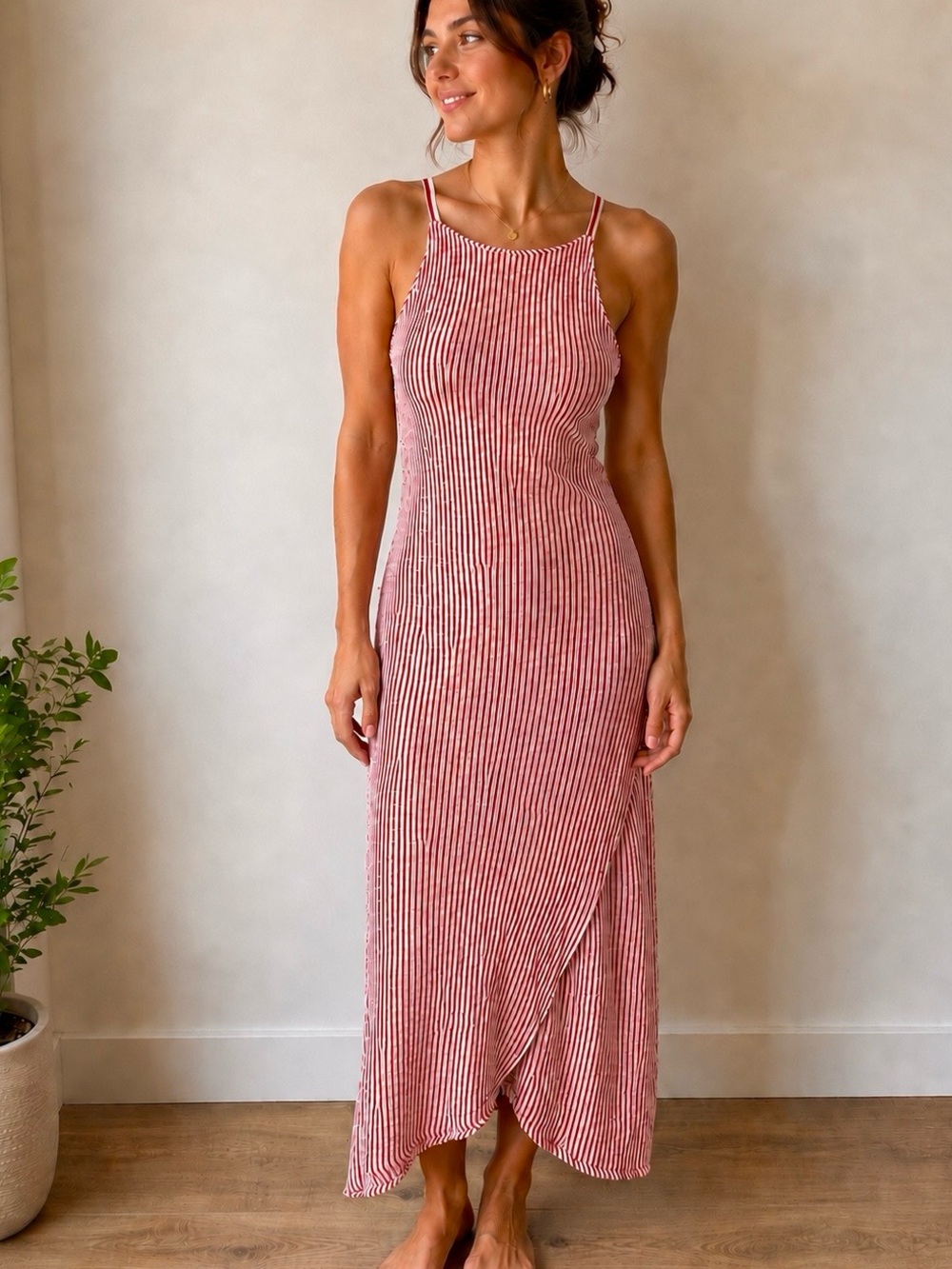 Zara Striped Dress Asymmetric Knit Midi Lace Up M